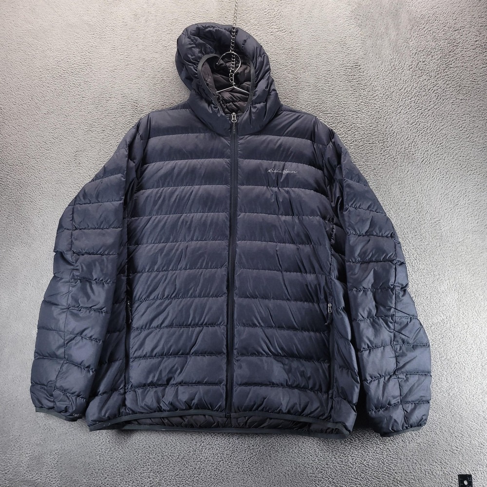 Eddie Bauer Jacket Mens XL Black EB650 Down Puffer Hooded Full Zip Outdoor